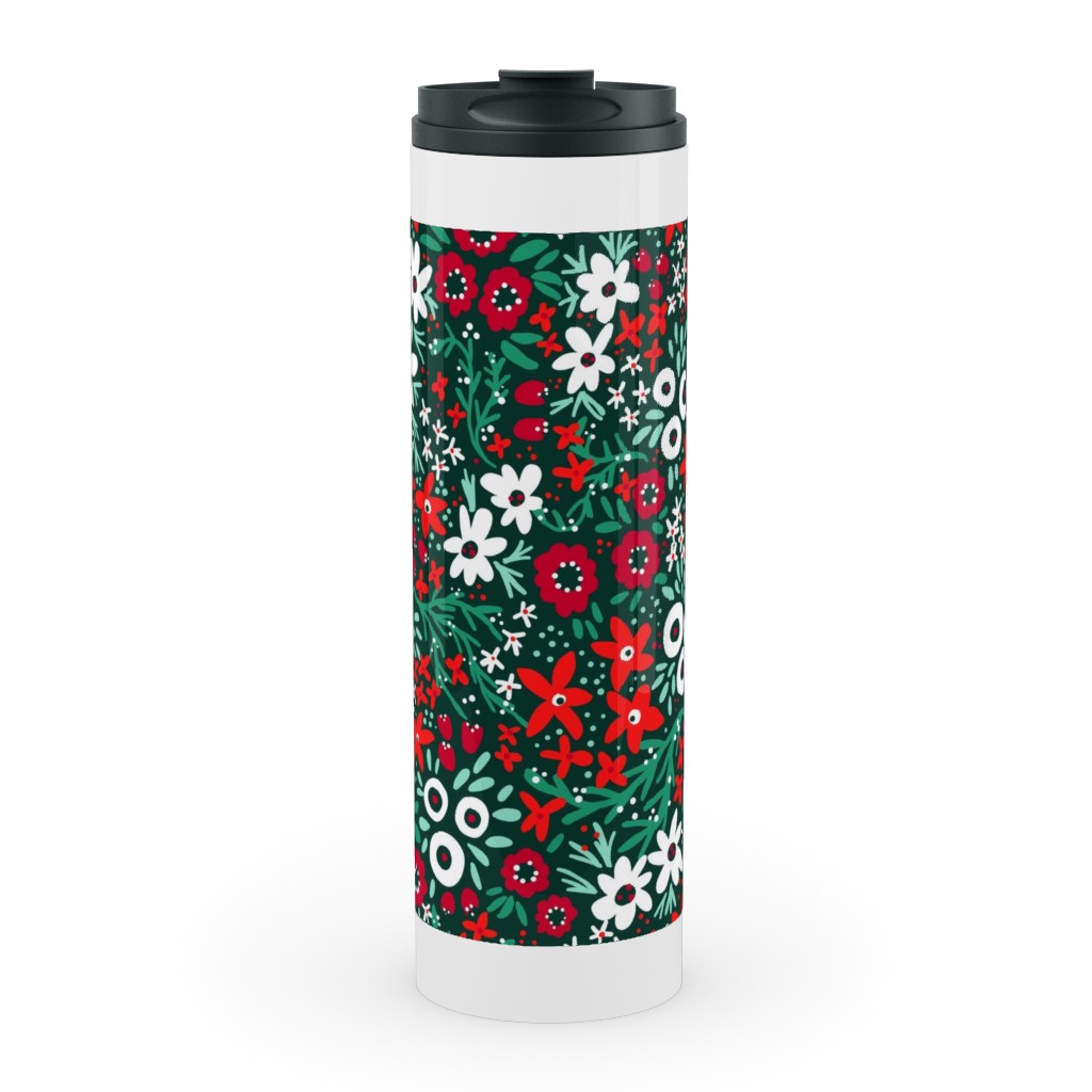 Rustic Floral - Holiday Red and Green Stainless Mug, White, , 20oz, Green, Classic Green