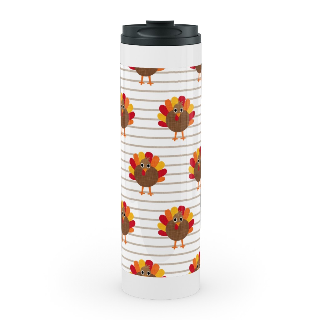Cute Thanksgiving Turkey - on Khaki Stripes Stainless Mug, White,  , 20oz, Orange