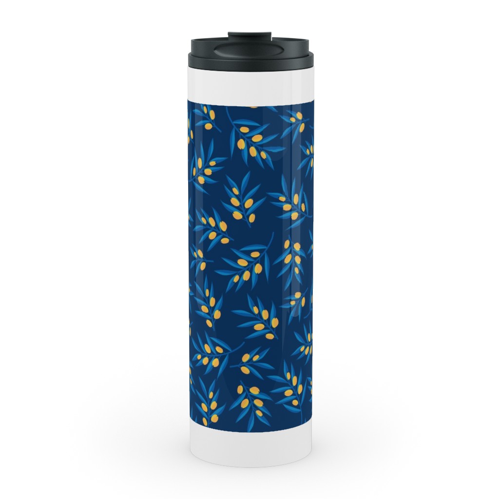 Olive Branches - Blue and Yellow Stainless Mug, White,  , 20oz, Blue