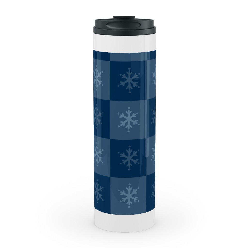Scandi Cozy Winter Checkered Blue Snowflake Stainless Mug, White,  , 20oz, Blue
