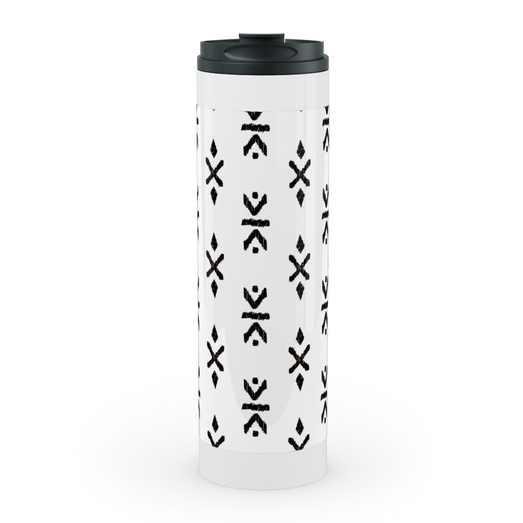 Monochrome Tribal Print - Neutral Stainless Steel Water Bottle with Straw