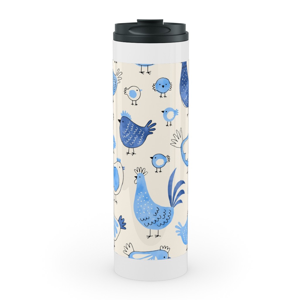 Chicken and Rooster - Watercolor - Blue on Creme Stainless Mug, White,  , 20oz, Blue