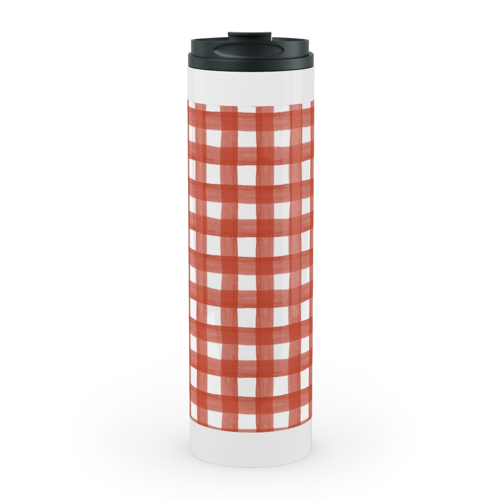 Red Watercolor Gingham Stainless Mug, White,  , 20oz, Red