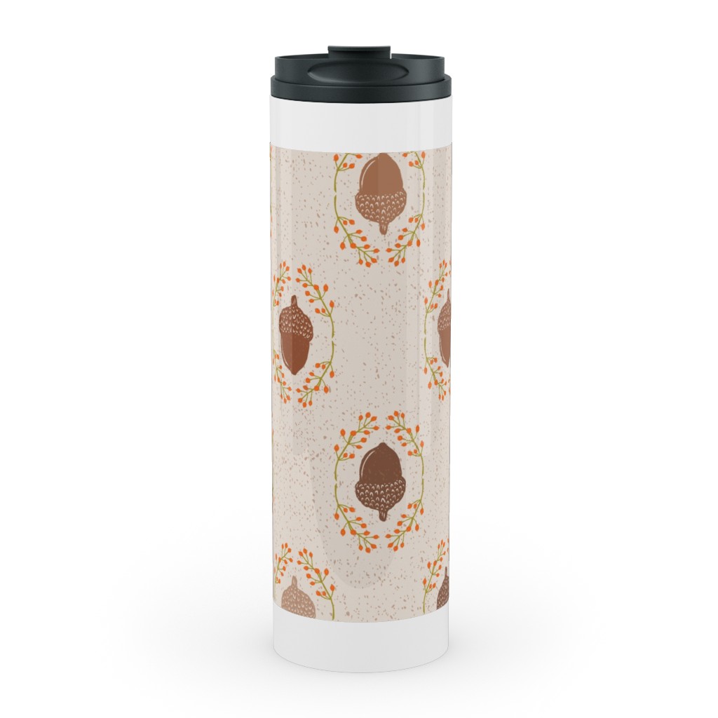 Autumn Acorn Rosehip Textured Damask Stainless Mug, White,  , 20oz, Beige