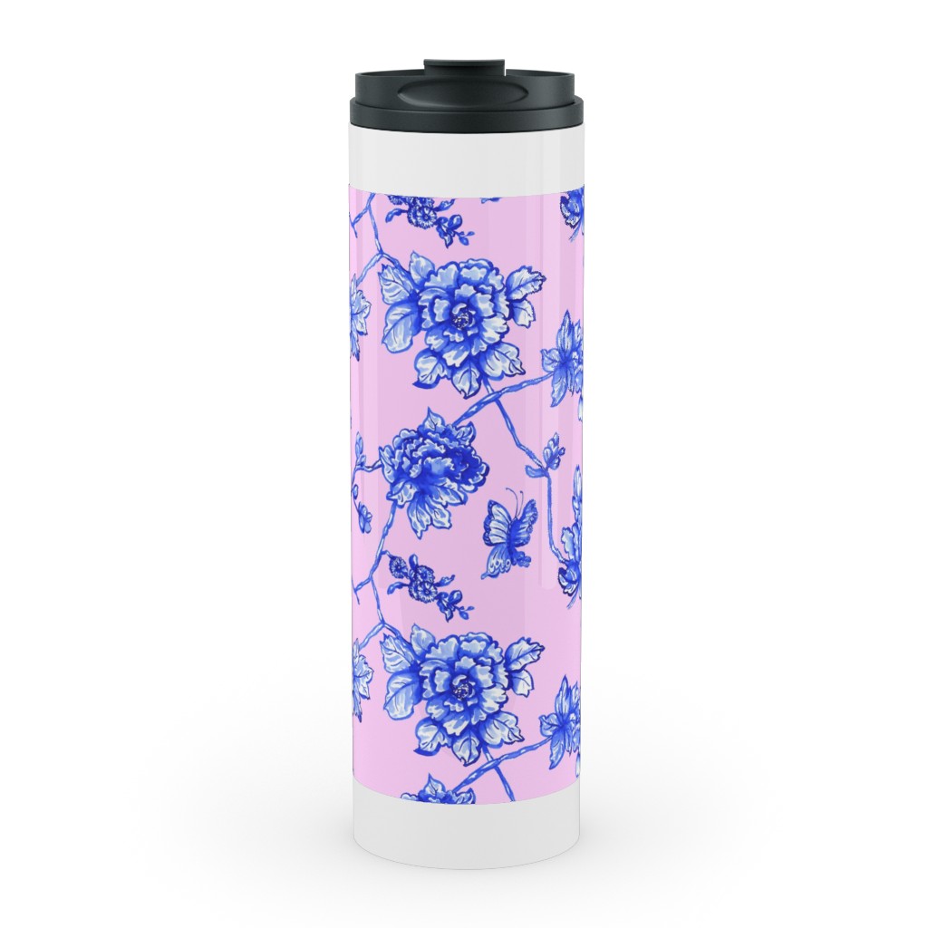 Chinoiserie Floral - Blush Stainless Mug, White, , 20oz, Pink, Bright Pink