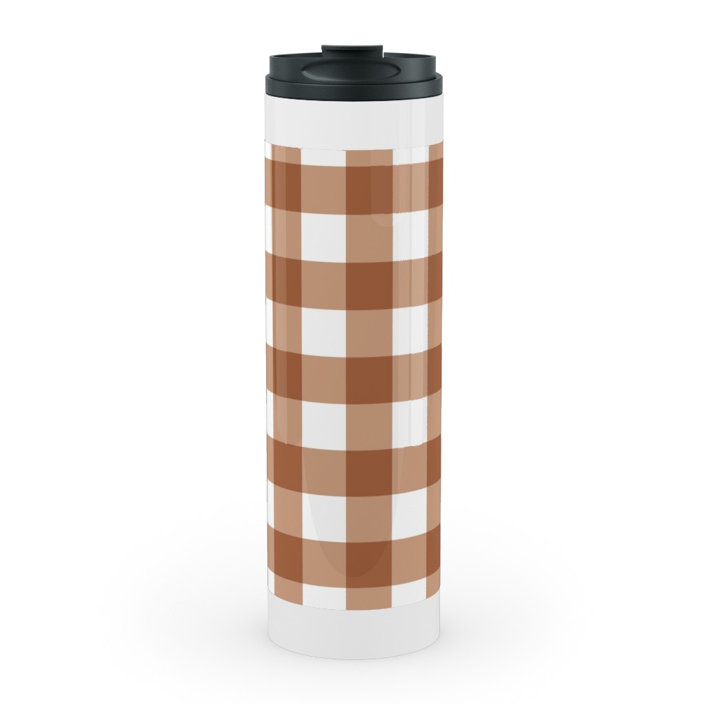 Gingham Plaid Check Stainless Mug, White, , 20oz, Brown, Toast