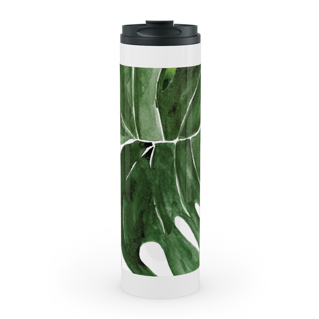 Monstera Tropical Leaves - Green Stainless Mug, White,  , 20oz, Green