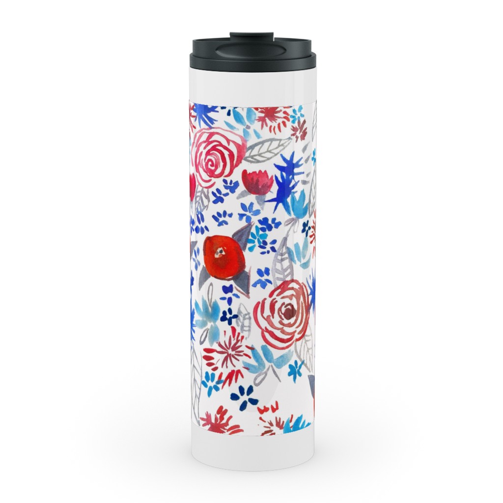 Patriotic Watercolor Floral - Red White and Blue Stainless Mug, White, , 20oz, Multicolor