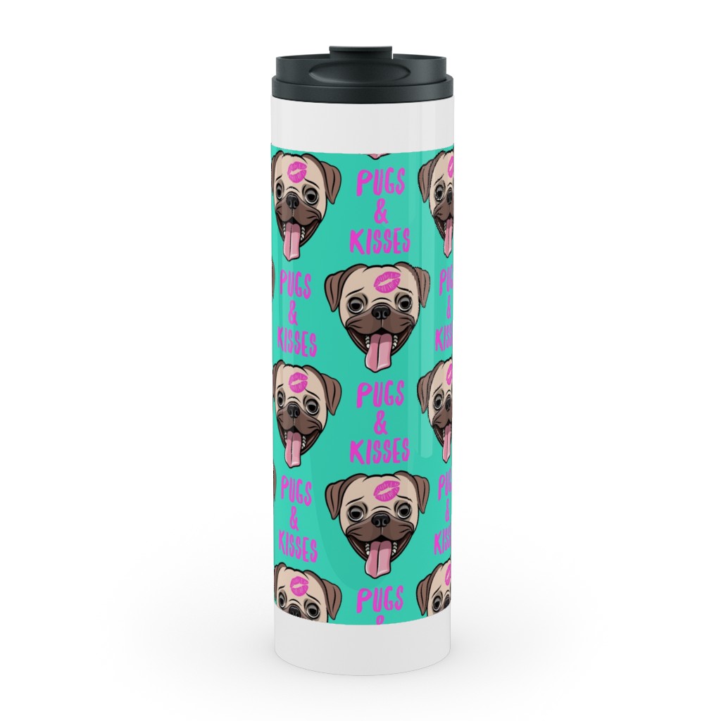 Pugs & Kisses - Cute Pug Dog - Teal Stainless Mug, White,  , 20oz, Green
