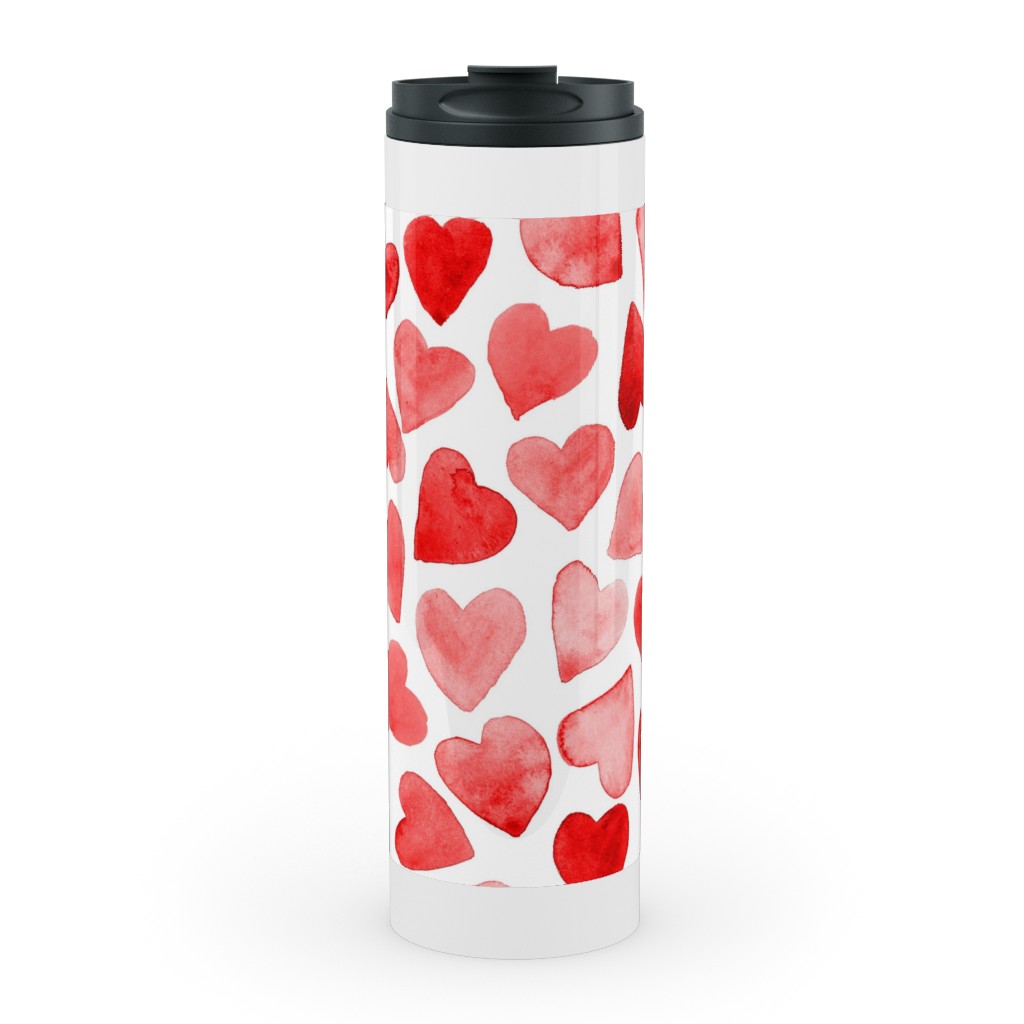 Red Hearts Watercolor - Red Stainless Mug, White,  , 20oz, Red