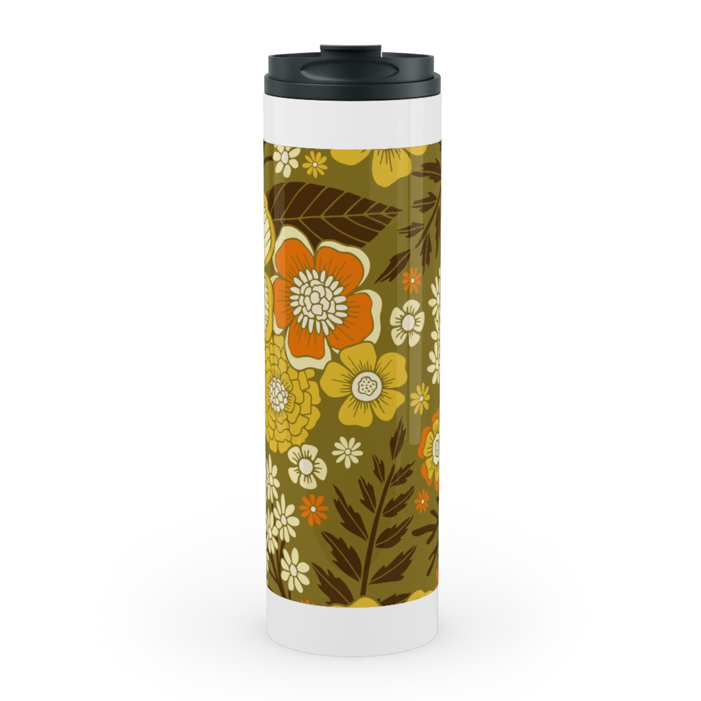 1970s Retro/Vintage Floral - Yellow and Brown Stainless Mug, White,  , 20oz, Yellow