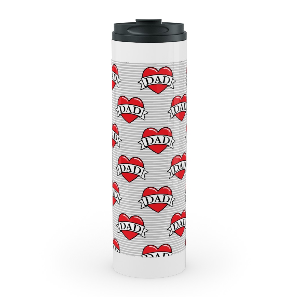 Dad Heart Tattoo - Red on Grey Stripes Stainless Mug, White,  , 20oz, Red