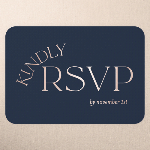 Modern Flow Wedding Response Card, Blue, Rose Gold Foil, Personalized Foil Cardstock, Rounded, Feather