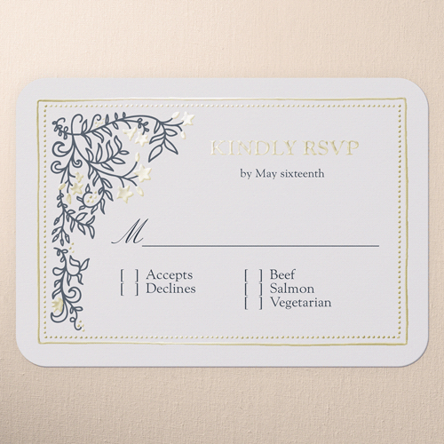 Botanical Trim Wedding Response, Gold Foil, Blue, Personalized Foil Cardstock, Rounded, Navy