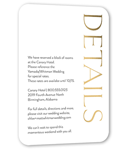 Gleaming Headline Wedding Enclosure Card, Gold Foil, White, Pearl Shimmer Cardstock, Rounded
