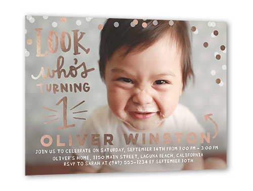 See Who's One Birthday Invitation, White, Rose Gold Foil, 5x7, Matte, Personalized Foil Cardstock, Square, White