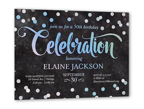 Bokeh Confetti Birthday Invitation, Iridescent Foil, Black, 5x7, Matte, Personalized Foil Cardstock, Square