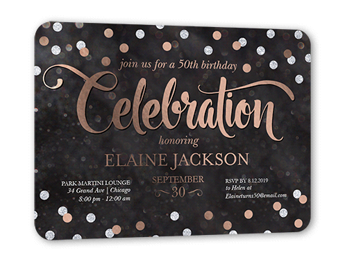 Bokeh Confetti Birthday Invitation, Black, Rose Gold Foil, 5x7, Matte, Personalized Foil Cardstock, Rounded