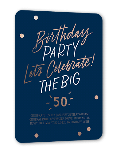 Big One Birthday Invitation, Blue, Rose Gold Foil, 5x7, Matte, Personalized Foil Cardstock, Rounded, White