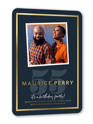 Gilded Framing Birthday Invitation, Gold Foil, Blue, 5x7, Matte, Personalized Foil Cardstock, Rounded