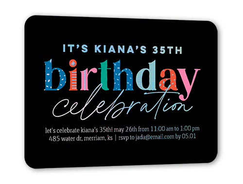 Delightful Decorations Birthday Invitation, Black, Iridescent Foil, 5x7, Matte, Personalized Foil Cardstock, Rounded