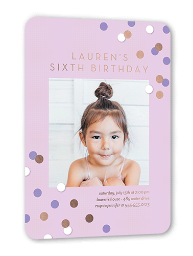 Shimmering Spots Birthday Invitation, Purple, Rose Gold Foil, 5x7, Matte, Personalized Foil Cardstock, Rounded, Lilac