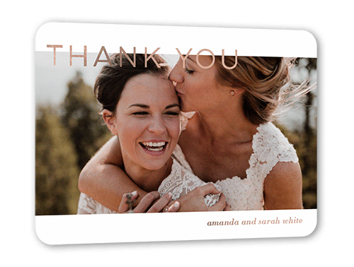 Basic Gratitude Thank You Card, White, Rose Gold Foil, 5x7, Matte, Personalized Foil Cardstock, Rounded, White