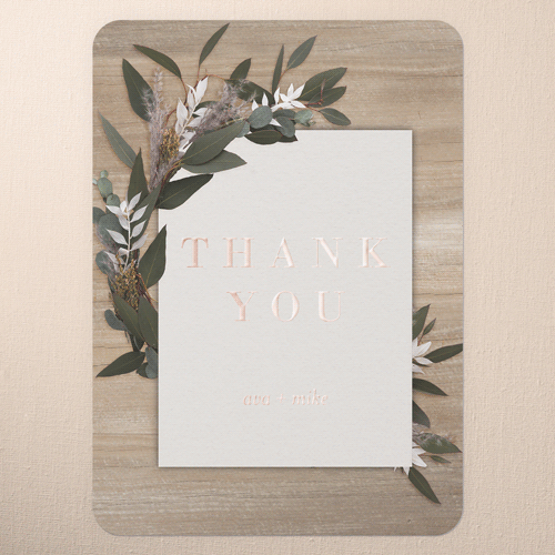 Rustic Foliage Wedding Thank You, Beige, Rose Gold Foil, 5x7, Matte, Personalized Foil Cardstock, Rounded