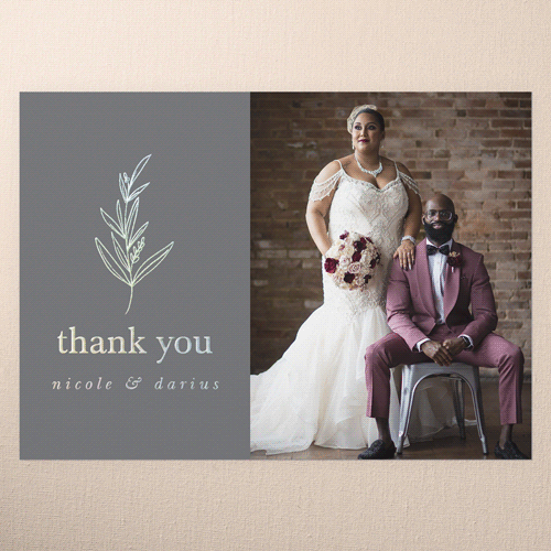 Sweet Leaf Wedding Thank You, Grey, Iridescent Foil, 5x7, Matte, Personalized Foil Cardstock, Square, Steel