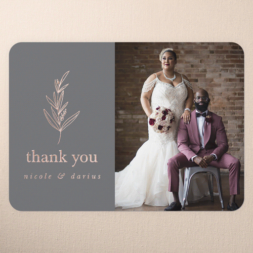Sweet Leaf Wedding Thank You, Grey, Rose Gold Foil, 5x7, Matte, Personalized Foil Cardstock, Rounded, Steel