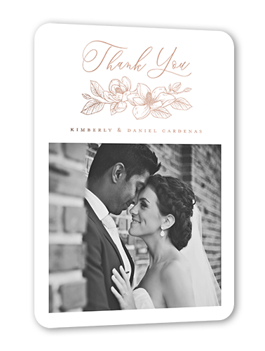 Marvelous Magnolia Thank You Card, White, Rose Gold Foil, 5x7, Matte, Personalized Foil Cardstock, Rounded, White