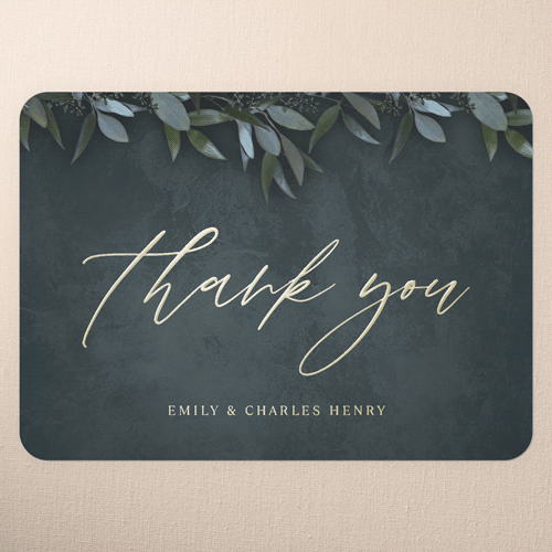Laurel Embrace Wedding Thank You Card, Gold Foil, Green, 5x7, Matte, Personalized Foil Cardstock, Rounded, Leafy