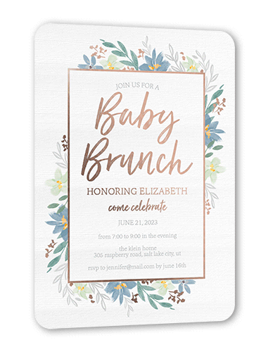 Baby Brunch Baby Shower Invitation, Rose Gold Foil, Blue, 5x7, Matte, Personalized Foil Cardstock, Rounded
