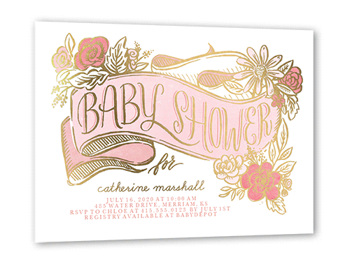 Gilded Flourish Baby Shower Invitation, Gold Foil, Pink, 5x7, Matte, Personalized Foil Cardstock, Square, Honeysuckle