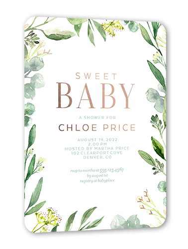 Sweet Floral Baby Shower Invitation, Rose Gold Foil, White, 5x7, Matte, Personalized Foil Cardstock, Rounded, White