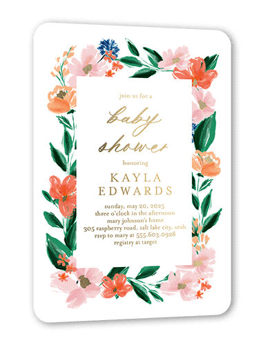 Flowered Frame Baby Shower Invitation, White, Gold Foil, 5x7, Matte, Personalized Foil Cardstock, Rounded
