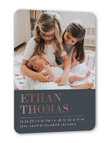 Contemporary Shine Birth Announcement, Grey, Rose Gold Foil, 5x7, Matte, Personalized Foil Cardstock, Rounded
