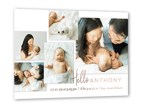Shining Gallery Birth Announcement, White, Rose Gold Foil, 5x7, Matte, Personalized Foil Cardstock, Square