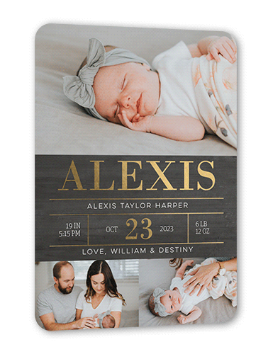 Radiant Stats Birth Announcement, Gray, Gold Foil, 5x7, Matte, Personalized Foil Cardstock, Rounded, Gray