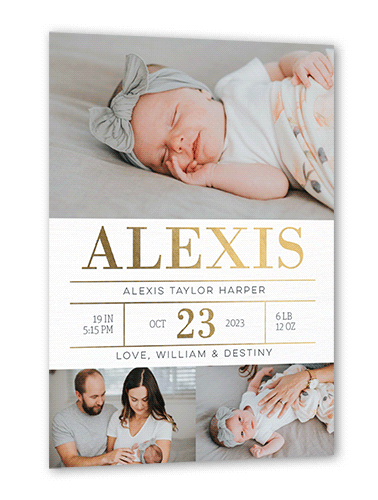 Radiant Stats Birth Announcement, White, Gold Foil, 5x7, Matte, Personalized Foil Cardstock, Square