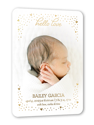 Starry Hearts Birth Announcement, Gold Foil, White, 5x7, Matte, Personalized Foil Cardstock, Rounded