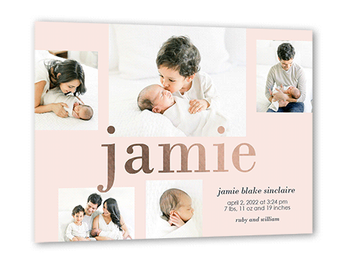 Glimmering Moniker Birth Announcement, Rose Gold Foil, Pink, 5x7, Matte, Personalized Foil Cardstock, Square