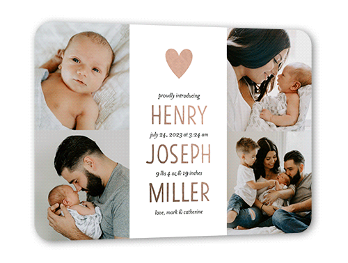 Modern Shimmer Birth Announcement, Rose Gold Foil, White, 5x7, Matte, Personalized Foil Cardstock, Rounded