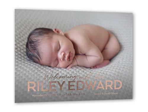 Grand Type Birth Announcement, White, Rose Gold Foil, 5x7, Matte, Personalized Foil Cardstock, Square