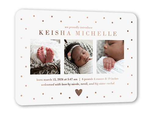 Dotted Love Birth Announcement, Beige, Rose Gold Foil, 5x7, Matte, Personalized Foil Cardstock, Rounded