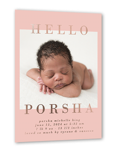 Framed Hello Birth Announcement, Pink, Rose Gold Foil, 5x7, Matte, Personalized Foil Cardstock, Square