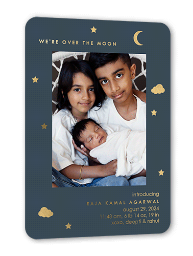Moonlight Shine Birth Announcement, Gold Foil, Grey, 5x7, Matte, Personalized Foil Cardstock, Rounded