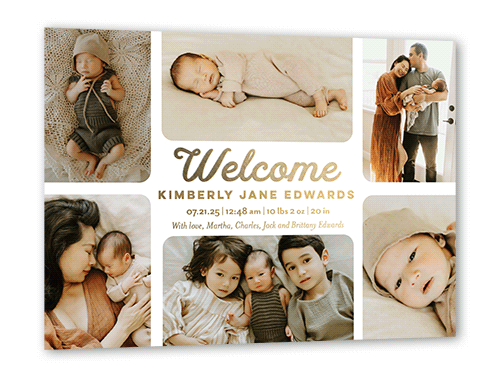 Rounded Welcome Birth Announcement, Gold Foil, White, 5x7, Matte, Personalized Foil Cardstock, Square
