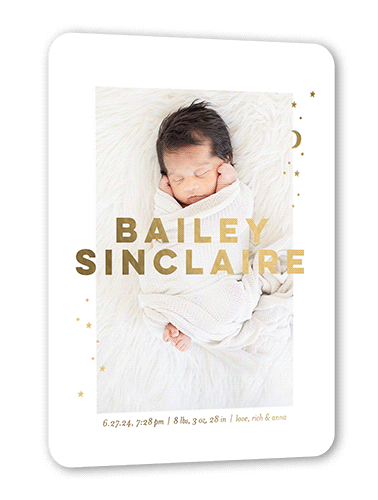 Ornate Stars Birth Announcement, Gold Foil, White, 5x7, Matte, Personalized Foil Cardstock, Rounded