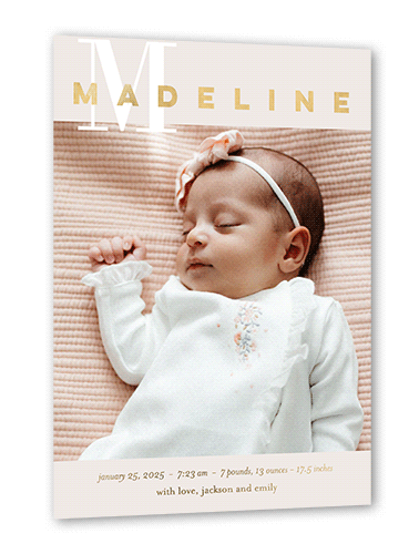 Solid Initial Birth Announcement, Gold Foil, Grey, 5x7, Matte, Personalized Foil Cardstock, Square